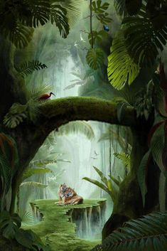 a painting of a tiger sitting on a log in the middle of a jungle area