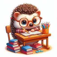 a hedge sitting at a desk with books and pencils