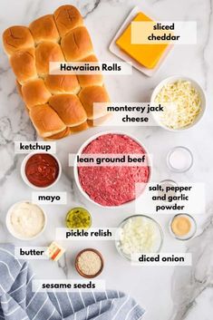 the ingredients needed to make hamburger sliders on a marble countertop with text overlay