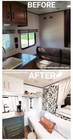 before and after photos of a camper with the kitchen area in place to be converted into a living room