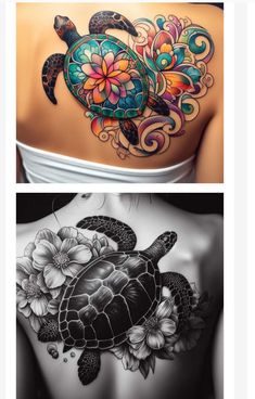 the back of a woman's shoulder with flowers and a turtle tattoo on it