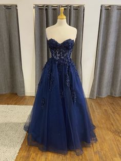 Strapless Open Back Navy Blue Lace Beaded Long Prom Dresses, Navy Blue Lace Formal Graduation Evening Dresses Prom Dresses Navy Blue, Prom Dresses Navy, Dresses Navy Blue, Navy Blue Prom Dresses, Graduation Party Dresses, A Line Evening Dress, Tulle Evening Dress, Blue Evening Dresses, Blue Tulle