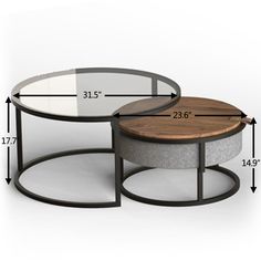 two tables with different sizes and measurements for each table, one is made from metal and the other is wood