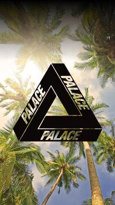 palm trees with the word palace on it and an upside down triangle sign above them