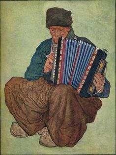 a drawing of a man sitting on the ground playing an accordion