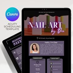 a tablet with an image of a woman's hair salon website on the screen