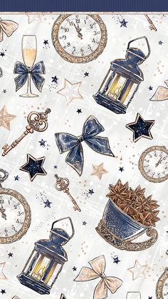 an image of a pattern with clocks and stars on the background that is blue, gold and white