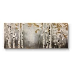 an abstract painting with white and gold trees on the wall in front of a white background