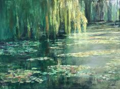 an oil painting of water lilies and trees