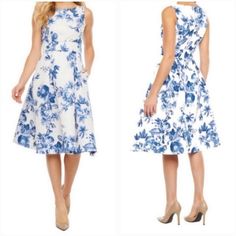 Danny & Nicole Dress 8 Blue Ivory Floral Fit & Flare Pleated Pockets Sleeveless Beautiful Damask Floral Print Perfect For Wedding Or Party Dc Elegant Blue Sleeveless Cotton Dress, Elegant Blue Sleeveless Dress For Garden Party, Elegant Blue Sleeveless Dress With Floral Print, Spring Blue Fit And Flare Sleeveless Dress, Blue Fit And Flare Sleeveless Dress For Spring, Floral Fit, Dresses Blue, Size 8 Dress, Blue Ivory