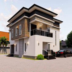 a two story house with a car parked in the driveway