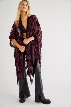 Nightbird Burnout Kimono | Free People Devore Fabric, Gilet Kimono, Wine Colour, Kimono Floral, Bohemian Kimono, Velvet Kimono, Fringe Kimono, Sheer Kimono, Boho Festival Fashion