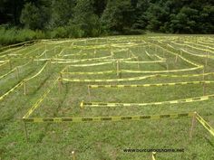 there is a maze in the grass with caution tape around it and trees in the background