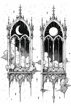 two gothic windows with the moon and stars above them, in black ink on white paper