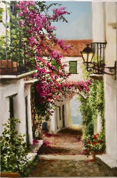 a painting of an alley way with flowers on it