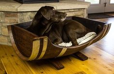 two brown dogs sitting in a wooden barrel shaped dog bed on top of a hard wood floor