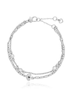 silver-tone metal/cubic zirconia cable-link chain lobster claw fastening layered design heart motif Elegant Metal Charm Bracelet With Double Chain, Elegant Silver Chain Link Charm Bracelet, White Gold Metal Charm Bracelet With Chain, White Gold Metal Charm Bracelet, Elegant Double Chain Charm Bracelet, White Gold Metal Chain Charm Bracelet, Elegant Metal Bracelets By Kate Spade, Elegant Kate Spade Metal Bracelets, Elegant Sterling Silver Bracelet With Extender