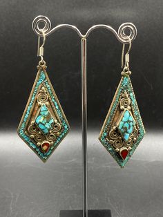 Wonderful Tibetan Earrings With Natural Turquoise & Coral Turquoise Dangle Earrings For Festival, Turquoise Teardrop Earrings For Festival, Festival Turquoise Jewelry With Matching Earrings, Turquoise Earrings For Festival, Turquoise Festival Earrings, Turquoise Pierced Earrings For Festival, Blue Pierced Earrings For Festival, Tibetan Symbols, Tibetan Earrings