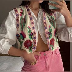 Women Embroidered Vest Top Y2k Vintage Open Front Floral Boho Cropped Waistcoat Casual Pink V-neck Embroidered Top, Pink V-neck Top With Floral Embroidery, Spring Fitted Embroidered Top With Geometric Design, Spring Fitted Top With Geometric Embroidery, Fitted Embroidered Top With Geometric Design For Spring, Spring Embroidered Top With Geometric Embroidery, Spring Folk Embroidered Top With Floral Embroidery, Pink V-neck Embroidered Top With Floral Embroidery, Pink V-neck Embroidered Top For Spring