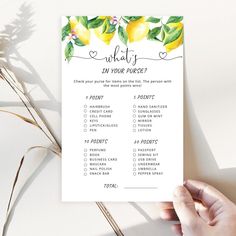 Watercolor citrus lemon what's in your purse game Editable Template Citrus Wedding, Purse Game, Summer Wedding Decorations, Whats In Your Purse, Bridal Shower Game, Shower Design