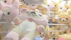 many stuffed animals are on display in a toy store, including one with a pink hat