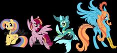 three different colored ponys standing next to each other on a black background with the same color