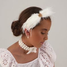 The Cassiel Feather Designer Bow Headband. Feather Hair Bows, Communion Hair, Communion Hairstyles, Faux Feathers, Bead Hair, Designer Headbands, Bead Hair Accessories, Feather Hair, Butterfly Hair Clip