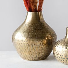 two gold vases with red feathers in them