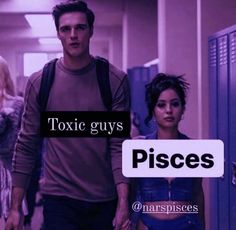 two people walking down a hallway next to lockers with the words plastic guys pisces