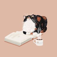 a black and white cat sitting on top of a book next to a cup of coffee