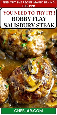 Master comfort food with Bobby Flay’s Salisbury Steak recipe, featuring rich mushroom gravy. This savory dish combines perfectly seasoned steak patties with a luxurious, earthy sauce for a gourmet take on a classic. Salsbury Cube Steak Recipe Easy, Old Fashioned Salisbury Steak Recipe, Hairstyles Thanksgiving, Cubed Steak Recipes, Big Sausage, Seasoned Steak, Steak Sauce Recipes