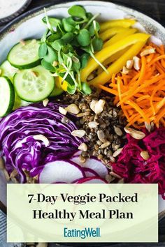 a bowl filled with vegetables and sliced veggies on top of each other next to the words, 7 day veggie packed healthy meal plan