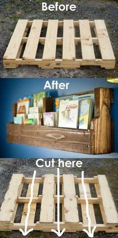 the steps to make a pallet book shelf out of wood and some other things