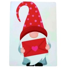 a gnome holding a red envelope with a heart on it