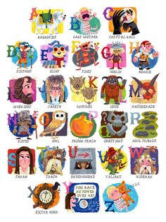 an illustrated poster with many different types of cartoon characters and their names in english or spanish