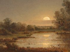 an image of a painting with the moon setting in the sky over water and trees