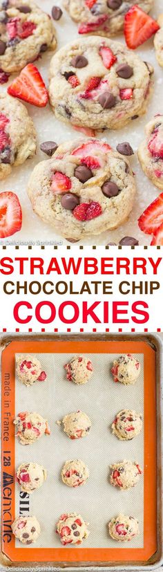 strawberry chocolate chip cookies are ready to be baked in the oven and put on a cookie sheet