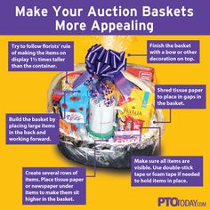 an advertisement with instructions to make your auction baskets more appealing