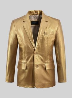 Prep up a regal solid touch with our Gold Leather Blazer to your look that has everyone's attention and keeps you comfortable throughout the day.  
 
 Glamorize your closet and transform your aura for a charming look.   Made Using Pure Napa Sheep Skin Soft Leather.  Look Includes    Gold  Leather Color  Two Button Jacket Style  Single Vent  Two Jacket Cuff Button    Click 'Customize Now' to modify the look if needed.   Made as per your measurements Slim Fit Coat, Button Click, Sheep Skin, Animal Coloring, Button Jacket, Mens Gold, Tag Sale, Leather Blazer, Jacket Buttons