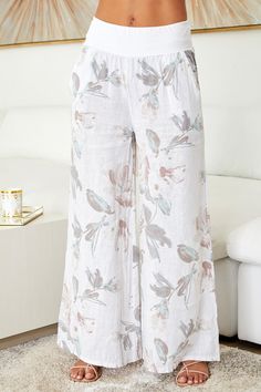 Casual cotton floral wide leg pants. Made in Italy. Shop women's casual bottoms. Casual Bottoms, Denim Joggers, Floral Pants, Denim Leggings, Short Sleeved Sweaters, Cami Tanks, Cardigan Coat, Women's Casual, Leg Pants