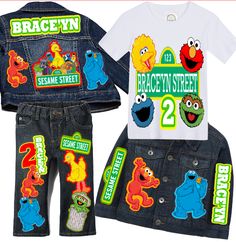 How adorable is this Sesame street inspired Denim set?! Perfect for your little ones birthday, photoshoot, or special event! Items are available as a set or separately, choose what you would like from the drop down menu. Please leave name and age needed during checkout! ***PAINT SPLATTER IS NO LONGER AVAILABLE*** Images can now be added to the front of the jacket at an additional charge, please choose the proper selection from the drop down menu to upgrade**** ***PLEASE NOTE THAT DENIM SHADES IN Sesame Street Birthday Outfit Boy, Elmo Birthday Outfit, Elmo Birthday Party Boy, Seaseme Street, Overalls Boys, Tutu Dress Costumes, Elmo Birthday Party, Denim Set, Elmo Party