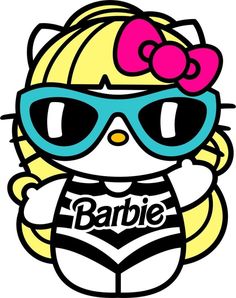 an image of a hello kitty with sunglasses and a shirt that says barbie on it