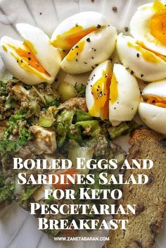 boiled eggs and sardines salad for keto pesto breakfast on a white plate