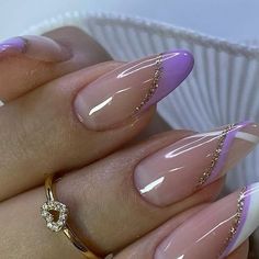 Lilac Nails Design, Purple And Silver Nails, White Almond Nails, Natural Nails Manicure, Lilac Nails, Purple Acrylic Nails, Gold Nail Designs, Formal Nails, Classy Nail Designs