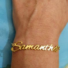 Name Bracelet Gold - Personalized Name - Custom Bracelet - Name Bracelet - Bracelet With Name - Dainty Bracelet - Bridesmaid Gift - Samantha . . . . . . . . . . . . . . . . . . . . . . . . . . . . . . . . . . . . . . . . . . . . . . . . . . . . . . . . Looking for a thoughtful gift for your loved one? You will love this high quality Custom Name Bracelet Gold. This is a perfect gift for your girlfriend or wife. This lovely 18k gold plated Personalized Name Bracelet is made to order. Purchase one Name Bracelet Gold, Bracelet With Name, Nameplate Bracelet, Sunshine Necklace, Handwriting Jewelry, Custom Bracelet, Celestial Necklace, Family Necklace, Dainty Bracelet