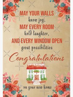 an old poster with flowers and a house on it's side that says congratulations