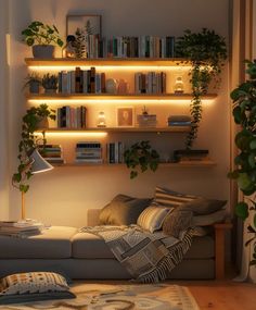 a living room filled with lots of furniture and bookshelves covered in plants on top of shelves