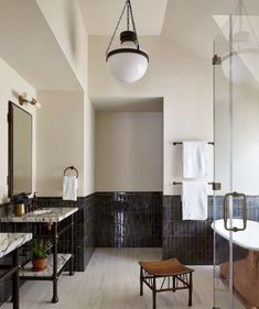 Deco Bathroom, Vintage Light Fixtures, Stunning Bathrooms, Brick Flooring, Bar Area, Guest Bedrooms, Architectural Digest, Hudson Valley, Stylish Home