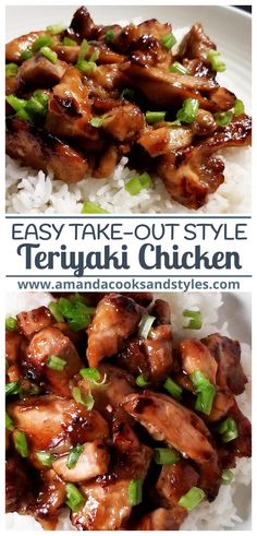 chicken with sauce and green onions served on rice in a white bowl for an easy take - out style teriyaki