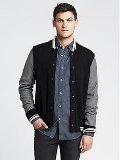 Varsity Sweater Jacket | Banana Republic Simple Streetwear, Mens Fashion Week Street Style, Mens Fashion Suits Casual, Mens Fashion Dressy, Mens Fashion Illustration, Varsity Sweater, Street Style Fall Outfits, Mens Fashion Simple, Smart Casual Men